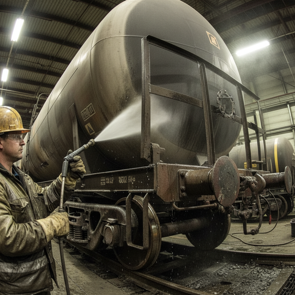 Caravex crew performing mobile rail car wash with containment berm