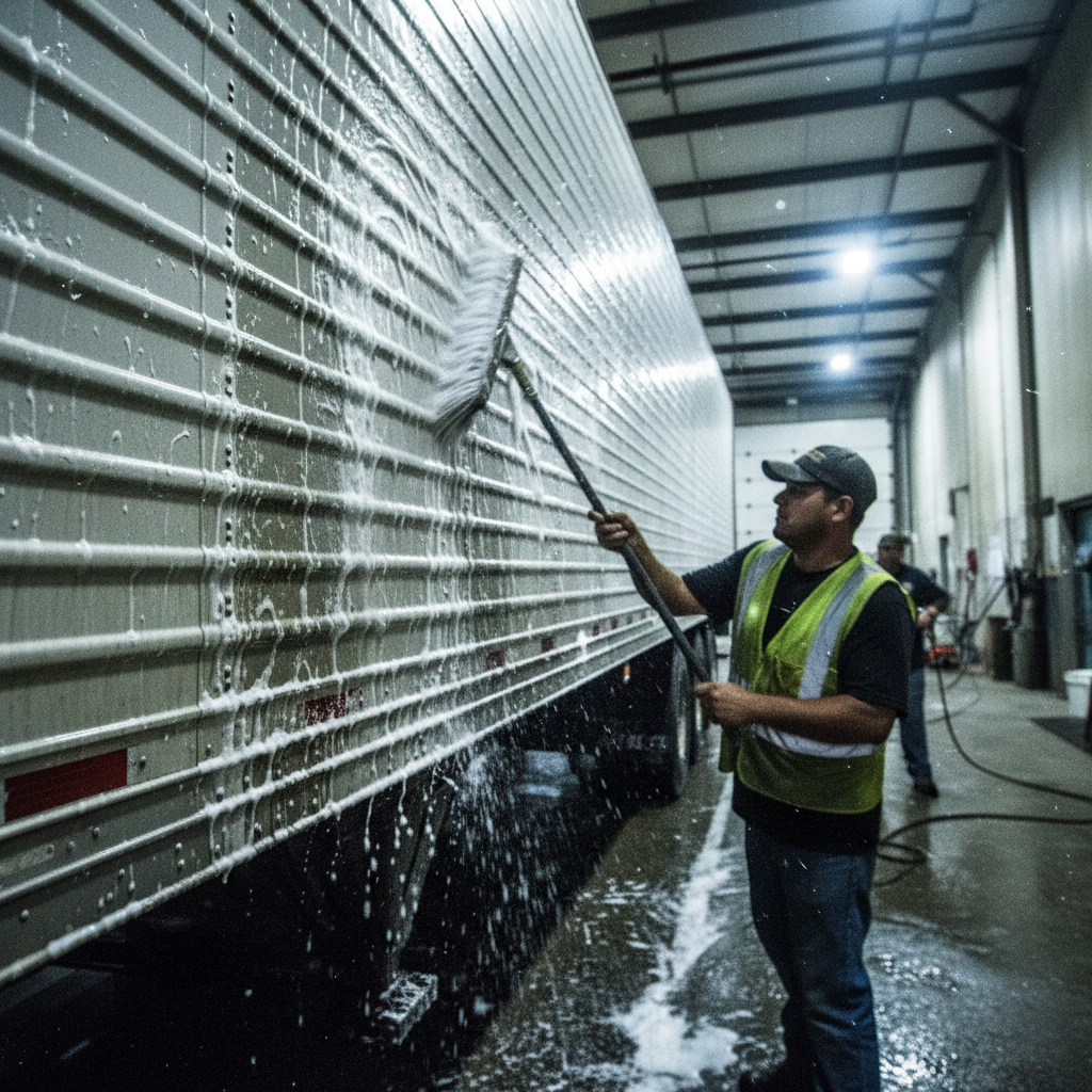 Hot-water pressure rig cleaning locomotive exterior in yard
