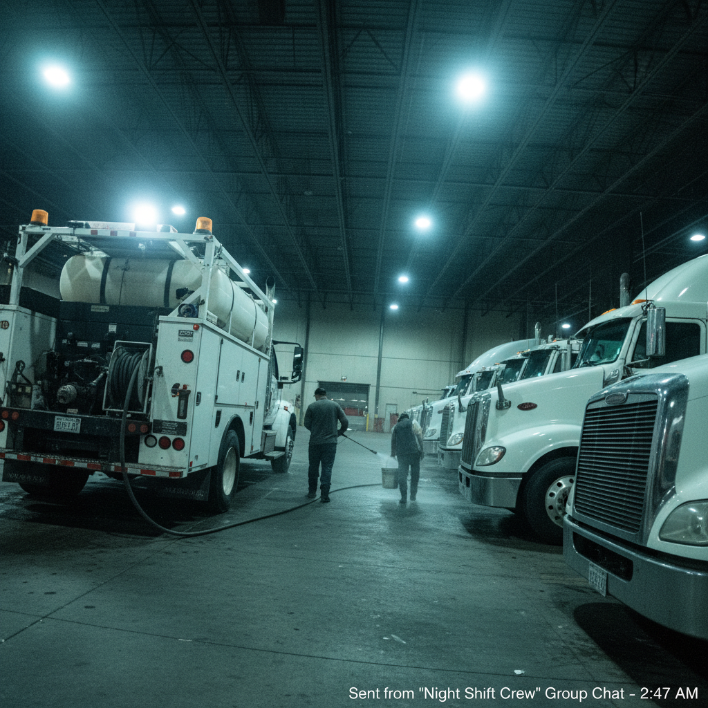 Transit bus depot overnight wash route in progress